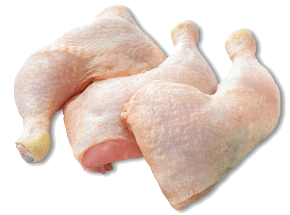 Three raw chicken legs with skin on next to each other.
